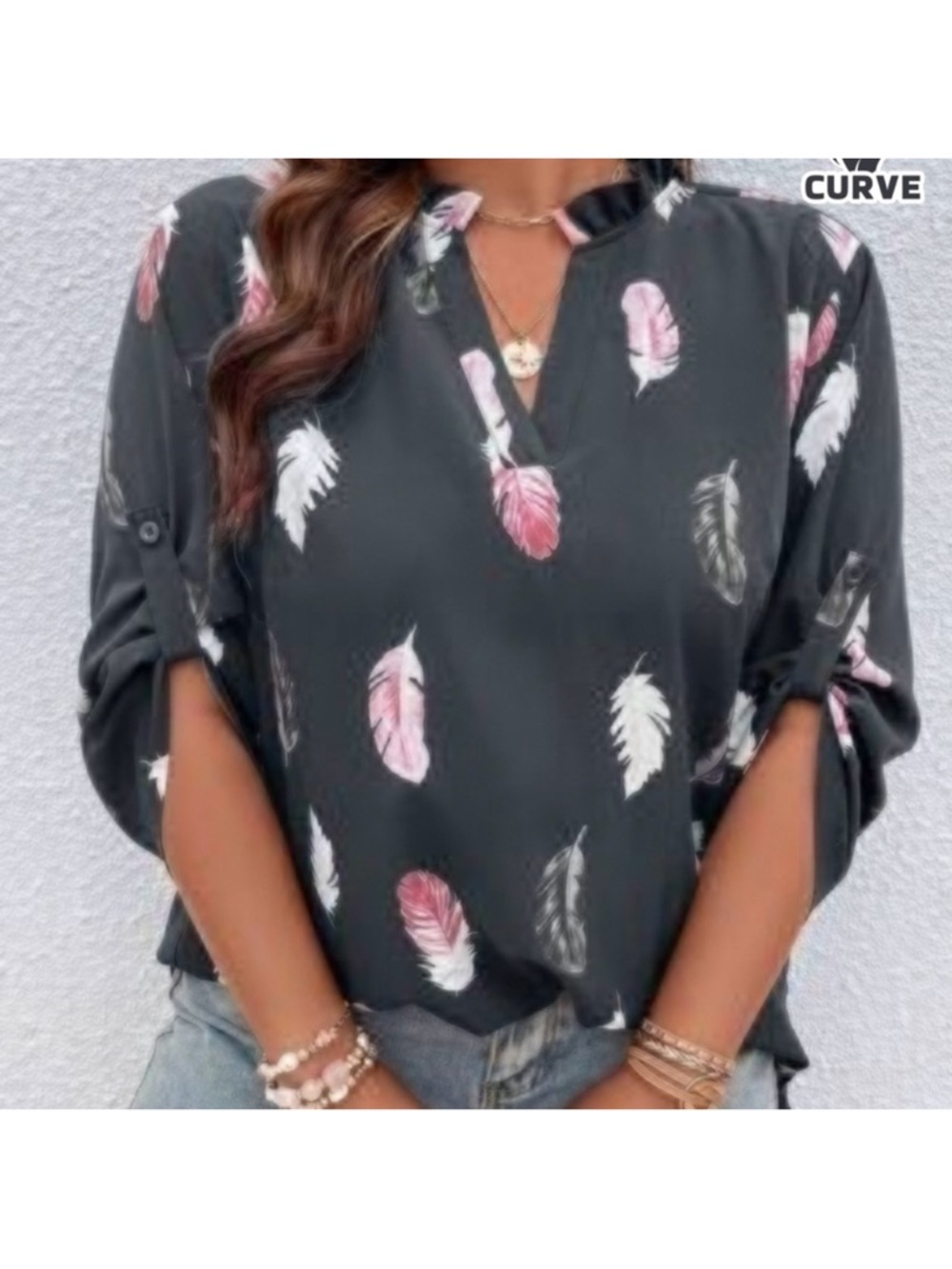 Feather Print V-Neck Blouse - Black/Pink